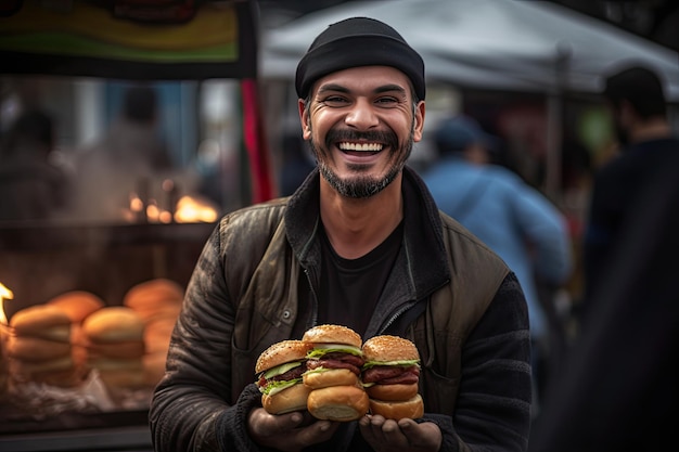 Venditore sorridente che offre un succoso hamburger generativo IA