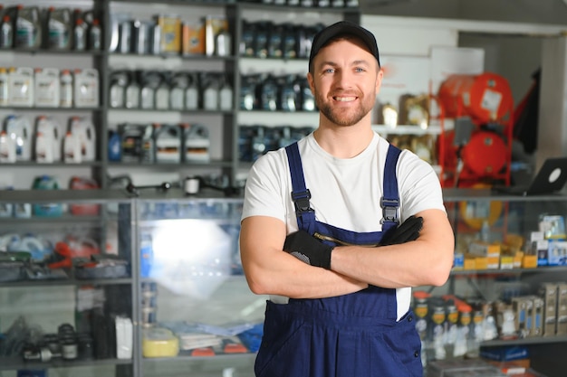 Venditore sorridente del negozio di ricambi auto