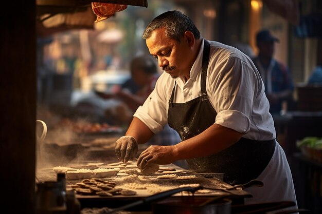 Venditore tradizionale di cibo di strada messicano che prepara quesadilla su una griglia