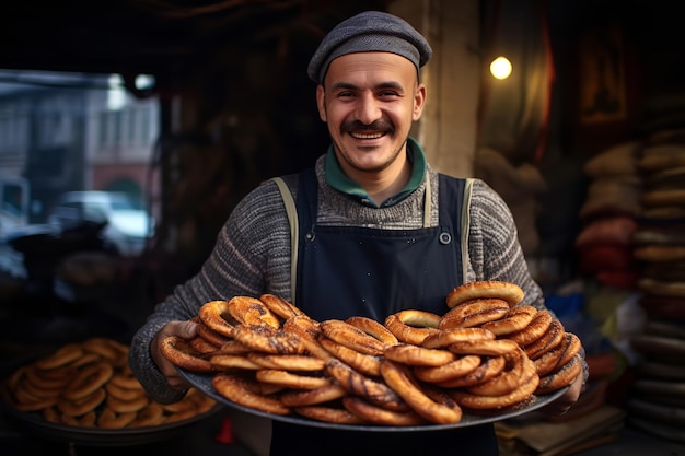 Venditore turco di Simit salato di cibo di strada turco