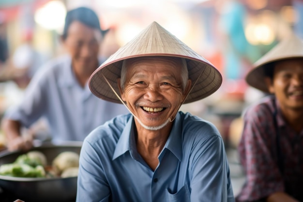 Venditore vietnamita che vende verdure al mattino al mercato locale in Vietnam