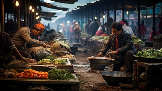 Venditori ambulanti che vendono cibo fresco nel mercato