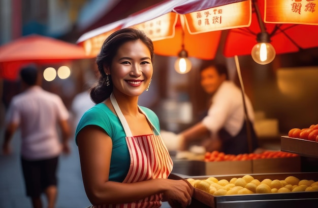 Venditrice asiatica che vende prodotti alimentari freschi in tenda al mercato Venditrice di Chinatown