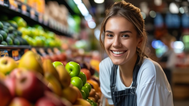 Venditrice di frutta al mercato vicino al bancone