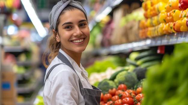 Venditrice di frutta al mercato vicino al bancone