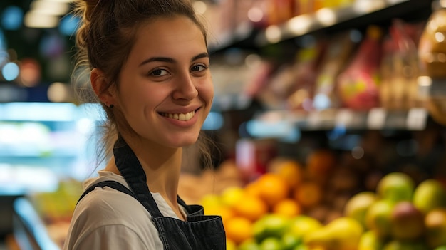 Venditrice di frutta al mercato vicino al bancone