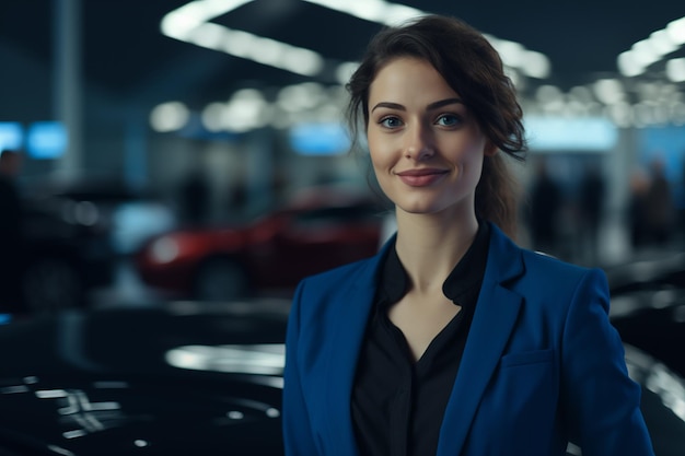 Venditrice professionista di auto di lusso in un showroom di lusso Ufficio concessionario di automobili Affari di concessionari di automobili