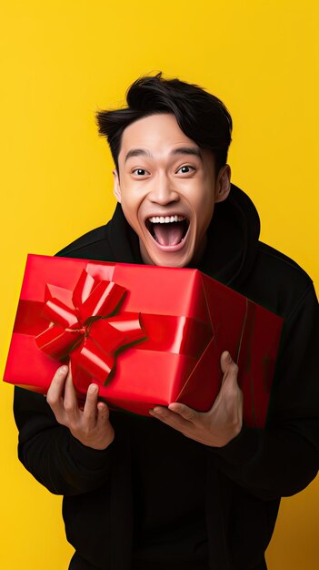Venerdì nero uomo asiatico con una scatola regalo felicemente sorpreso
