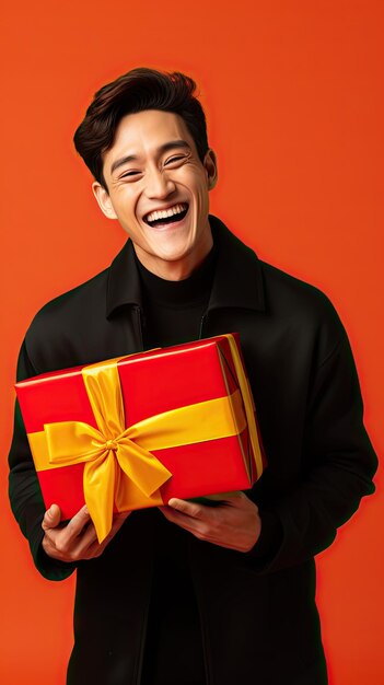 Venerdì nero uomo asiatico con una scatola regalo felicemente sorpreso