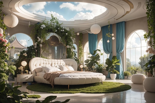 Venere venusiana Una camera da letto futuristica con nuvole fluttuanti e giardini lussureggianti