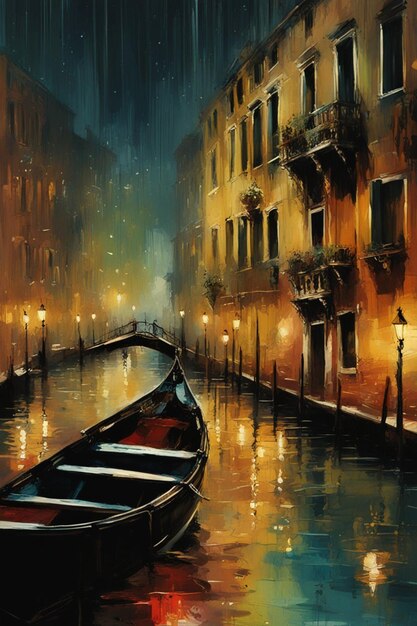 Venezia di notte pittura digitale atmosfera nebbiosa piovosa autunno illustrazione