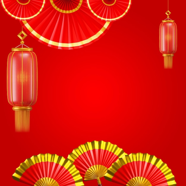 Ventagli a mano giapponesi e cinesi con lanterna. Fondo rosso cinese tradizionale del nuovo anno.