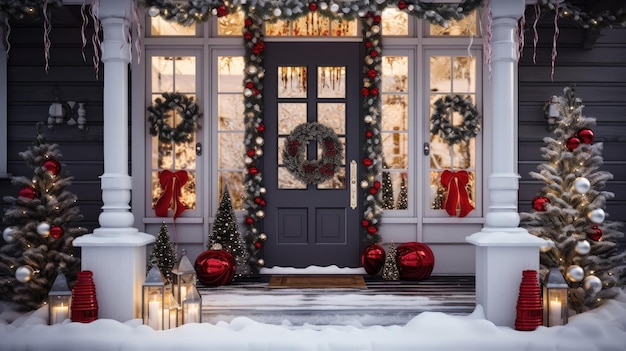 Veranda e porta d'ingresso con splendida decorazione natalizia creata con la tecnologia Generative AI