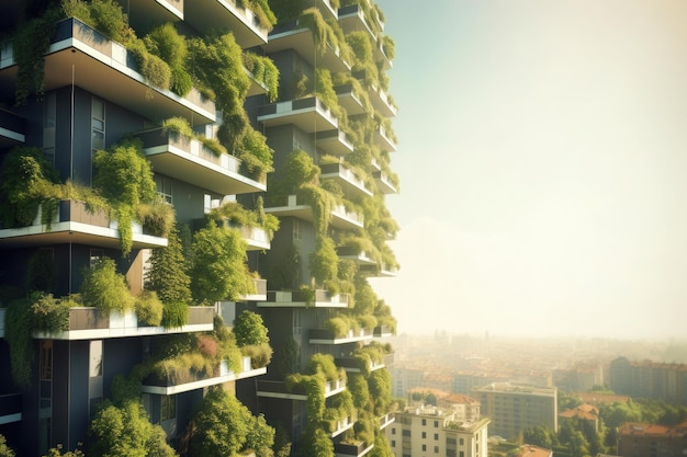 Verde futuristico grattacielo foresta verticale edificio di appartamenti con giardini sui balconi Moderna architettura sostenibile ai generativa