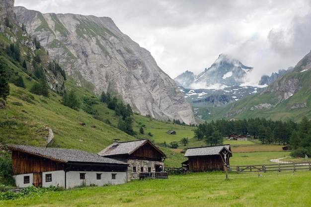 Verde maestosa valle con case tirolesi su uno sfondo di cime alpine nella nebbia Escursionismo viaggio all'aperto concetto viaggio in montagna Kals am Grossglockner Austria