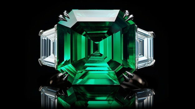 Verde vivo di uno smeraldo di taglio smeraldo che mostra il suo colore vibrante e le sue sfaccettature