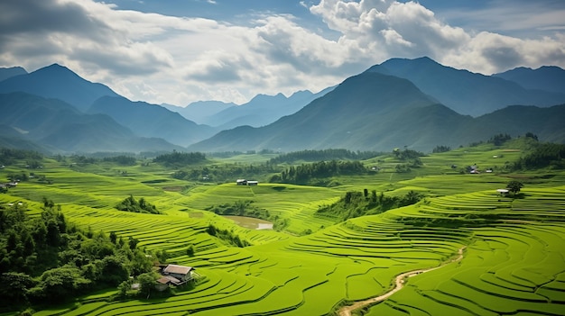 Verdi campi di riso in terrazza che si estendono fino all'orizzonte thailandese