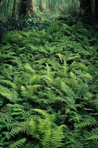 Verdi felci lussureggianti che rivestono un pavimento forestale creato con ai generativi