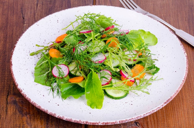 Verdura fresca e foglie di insalate verdi sul piatto bianco