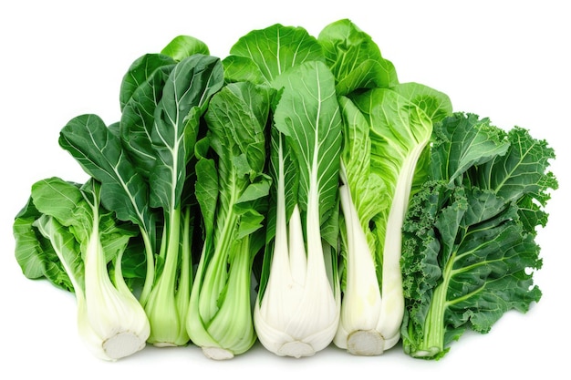 Verdure a foglia verde isolate su uno sfondo scuro Assortimento di cavolo Bok Choy