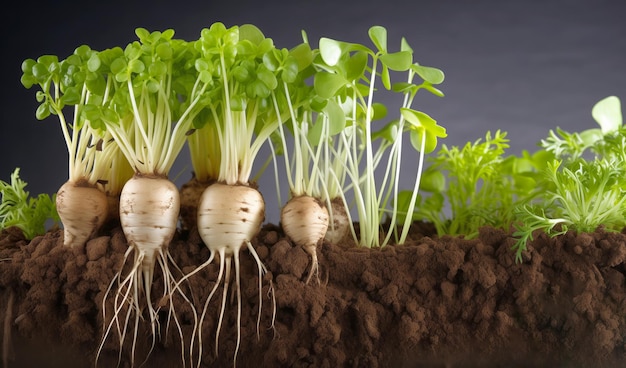 Verdure a radice con cime verdi lussureggianti in un terreno ricco che simboleggia la crescita e la vitalità