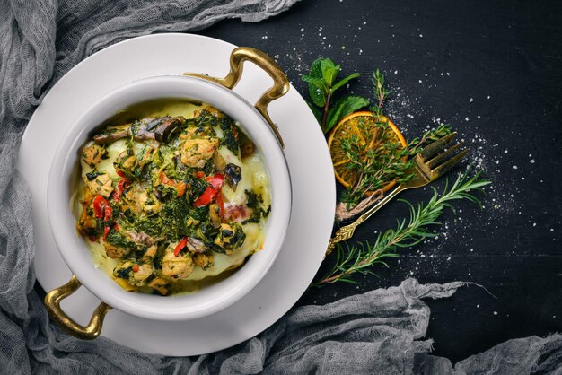 Verdure al forno con funghi e formaggio Su una superficie di legno Vista dall'alto Spazio libero per il testo