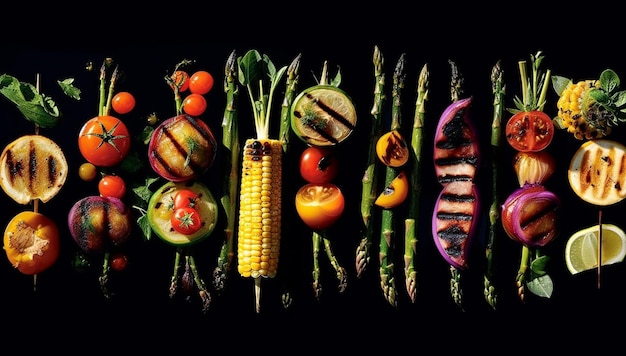 Verdure alla griglia con basilico fresco su sfondo nerovista dall'alto con spazio di copia