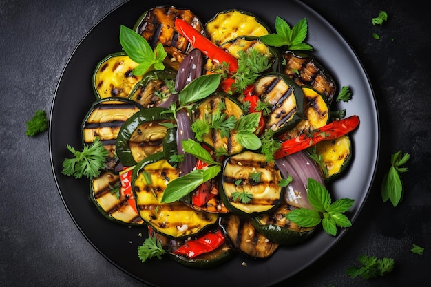 Verdure alla griglia peperone colorato zucchine melanzane con basilico ed erbe secche su un piatto