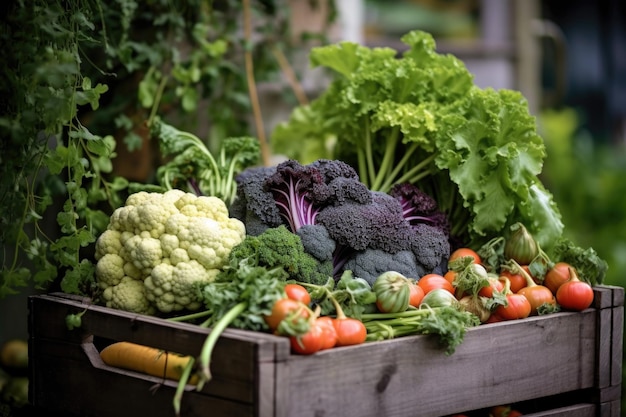 Verdure appena raccolte in uno sfondo giardino cassa di legno creato con ai generativo