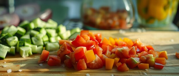 Verdure appena tagliate a cubetti su una tavola da taglio di legno alla luce del mattino