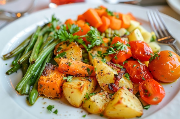 Verdure arrostite con carote pomodori fagioli verdi e patate IA generativa