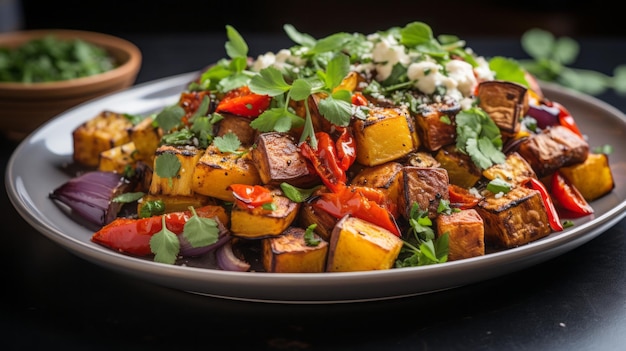 Verdure arrostite con quinoa e tofu su un piatto seduto su un tavolo bianco