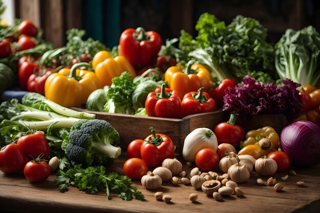 Verdure biologiche fresche disposte su tavolo di legno