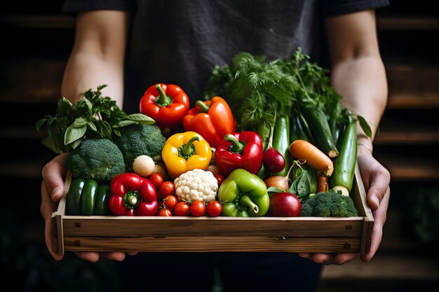 Verdure biologiche fresche in una scatola di legno su sfondo scuro Foto pubblicitaria commerciale Harvest