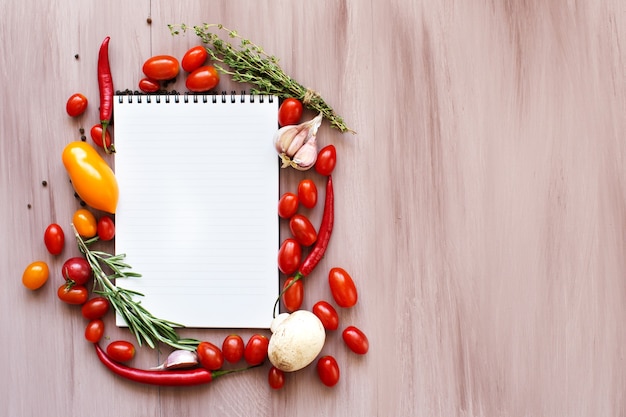 Verdure biologiche sulla tavola di legno. Libro di ricette