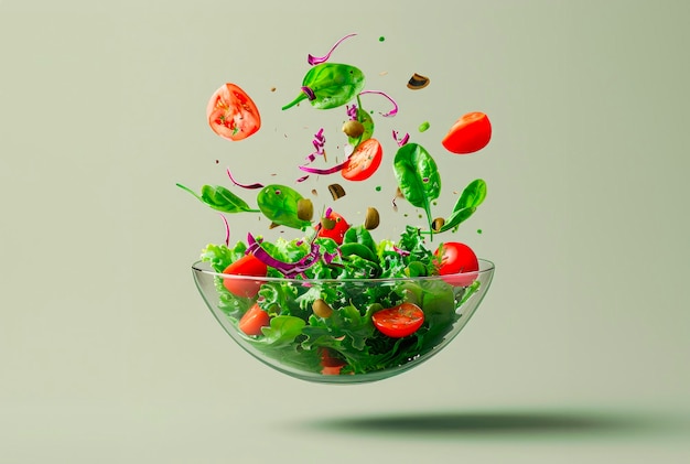 Verdure che cadono in una ciotola di insalata Ingredienti Tomato Lattuga Sfondio verde chiaro