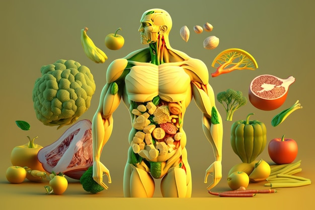 Verdure che formano un metabolismo e una nutrizione del corpo umano Mangiare cibo dietetico per l'energia generativa Ai