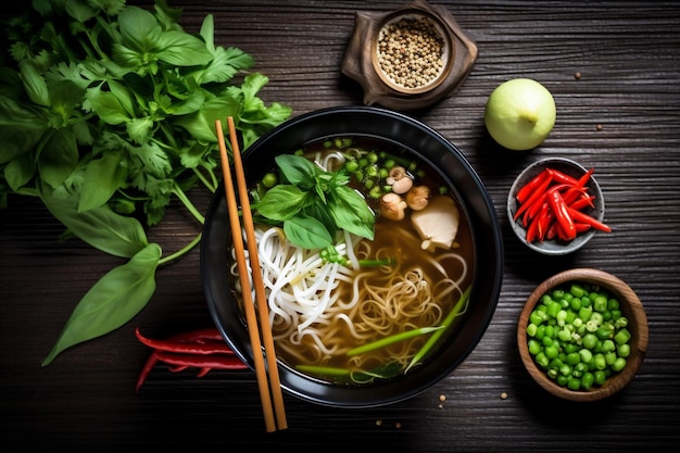Verdure cibo giapponese sfondo ciotola zuppa asiatica pasto caldo spazio tagliatelle AI generativa