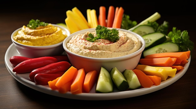 Verdure colorate e hummus offrono uno spuntino salutare