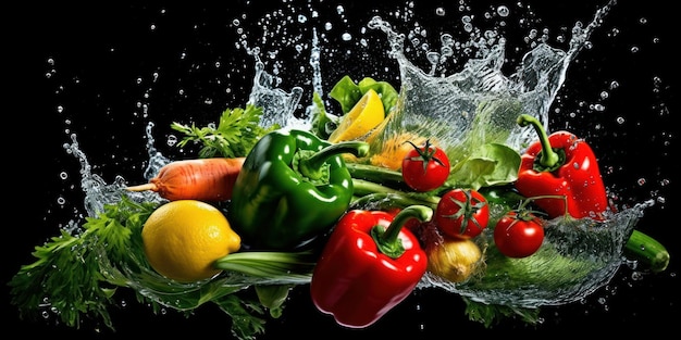 Verdure con spruzzi d'acqua su sfondo scuro Alimenti dietetici per la nutrizione e la digestione Ai generativa