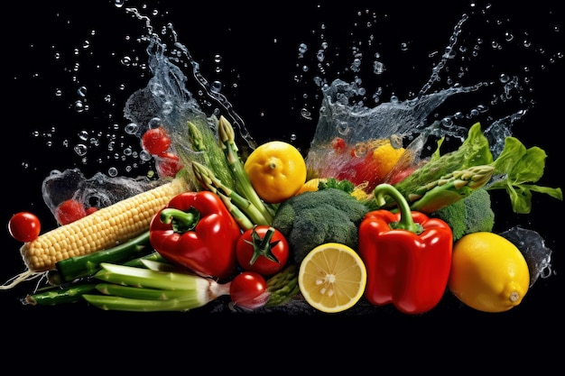 Verdure con spruzzi d'acqua su sfondo scuro Alimenti dietetici per la nutrizione e la digestione Ai generativa