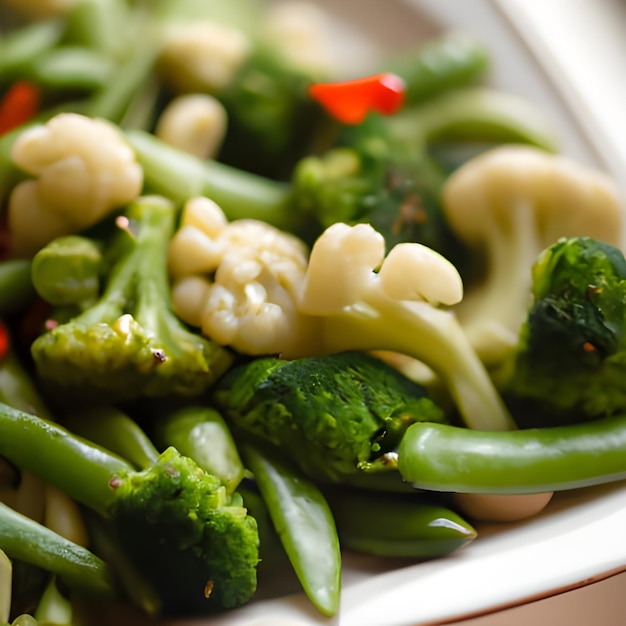 Verdure cotte in un piatto da vicino Cucine di fagioli al vapore Cucine di pisello Cauliflower Broccoli