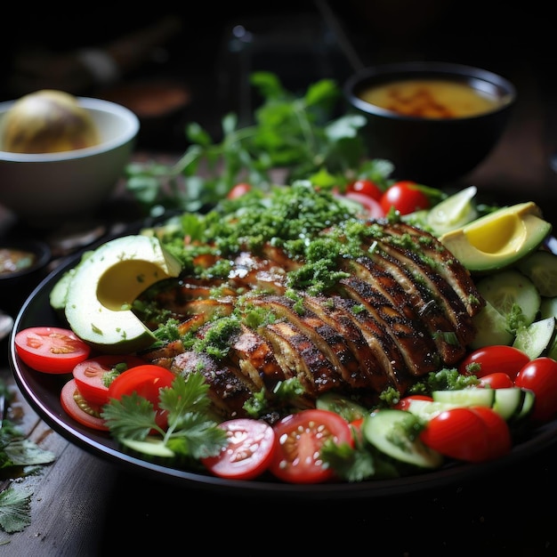 Verdure di pollo e contorni su un piatto nero