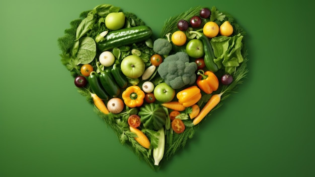 verdure e frutta a forma di cuore su sfondo verde