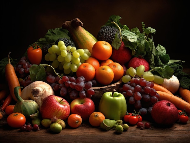 Verdure e frutta autunnali su una zucca di sfondo di pietra nera