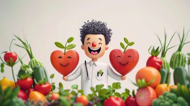 Verdure e frutta come concetto di cibo sano con personaggio di cartone animato