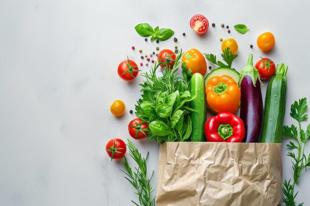 Verdure e frutta fresche biologiche in un sacchetto da spesa di carta riciclata isolato su sfondo bianco