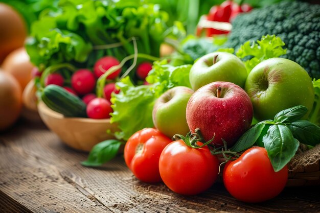 Verdure e frutta fresche e biologiche su tavolo di legno con foglie verdi e concetto di alimentazione sana