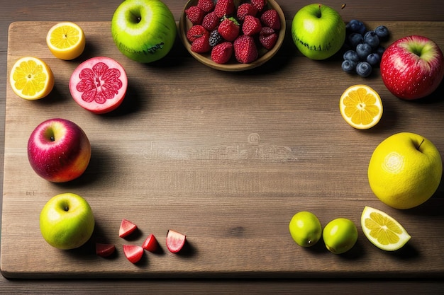 Verdure e frutta fresche e colorate su un piatto su uno sfondo di legno