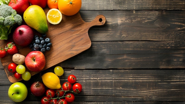 verdure e frutta fresche su tavola di legno con spazio vuoto per la decorazione del disegno